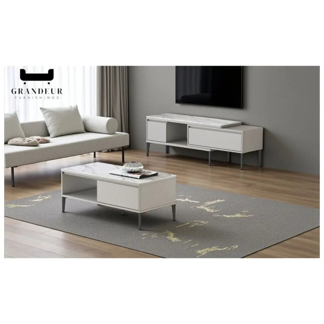 White TV console and coffee table with pale stone-patterned tops