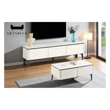 White TV console and coffee table in a living room