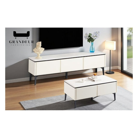 Contemporary TV Console & Coffee Table Set – Sleek White Design, Spacious Storage