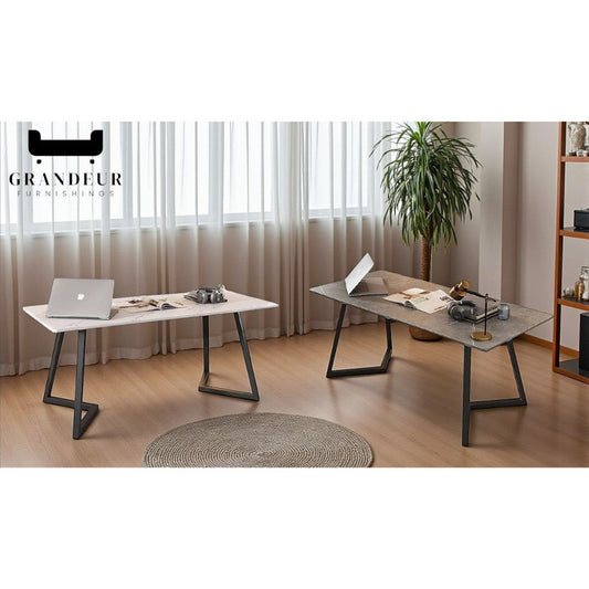 Modern Matt Sintered Stone Top Study Table with Angled Metal Legs – Available in White & Grey