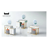 Dressing tables with round mirrors in grey, green and white