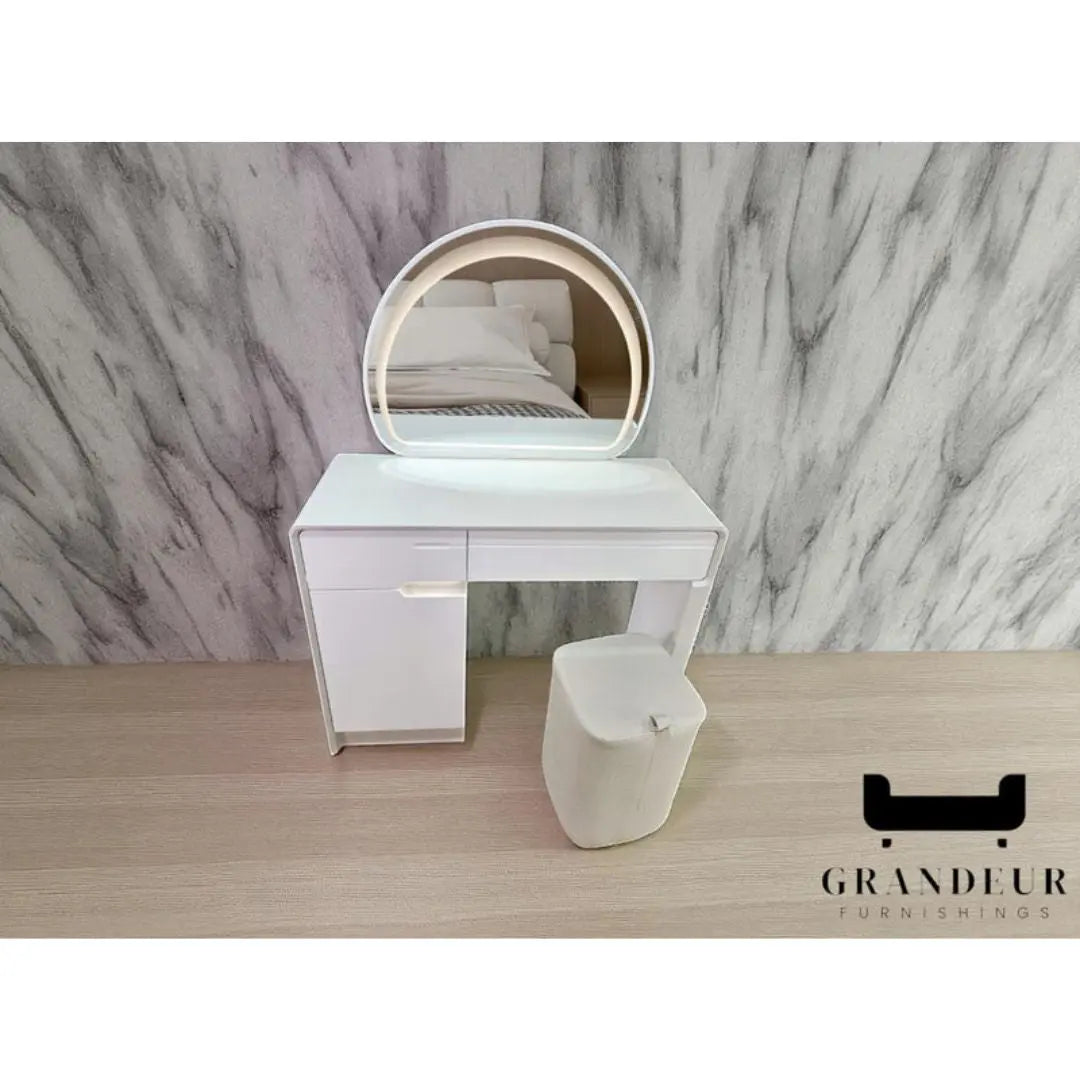 White dressing table with illuminated arched mirror and white stool
