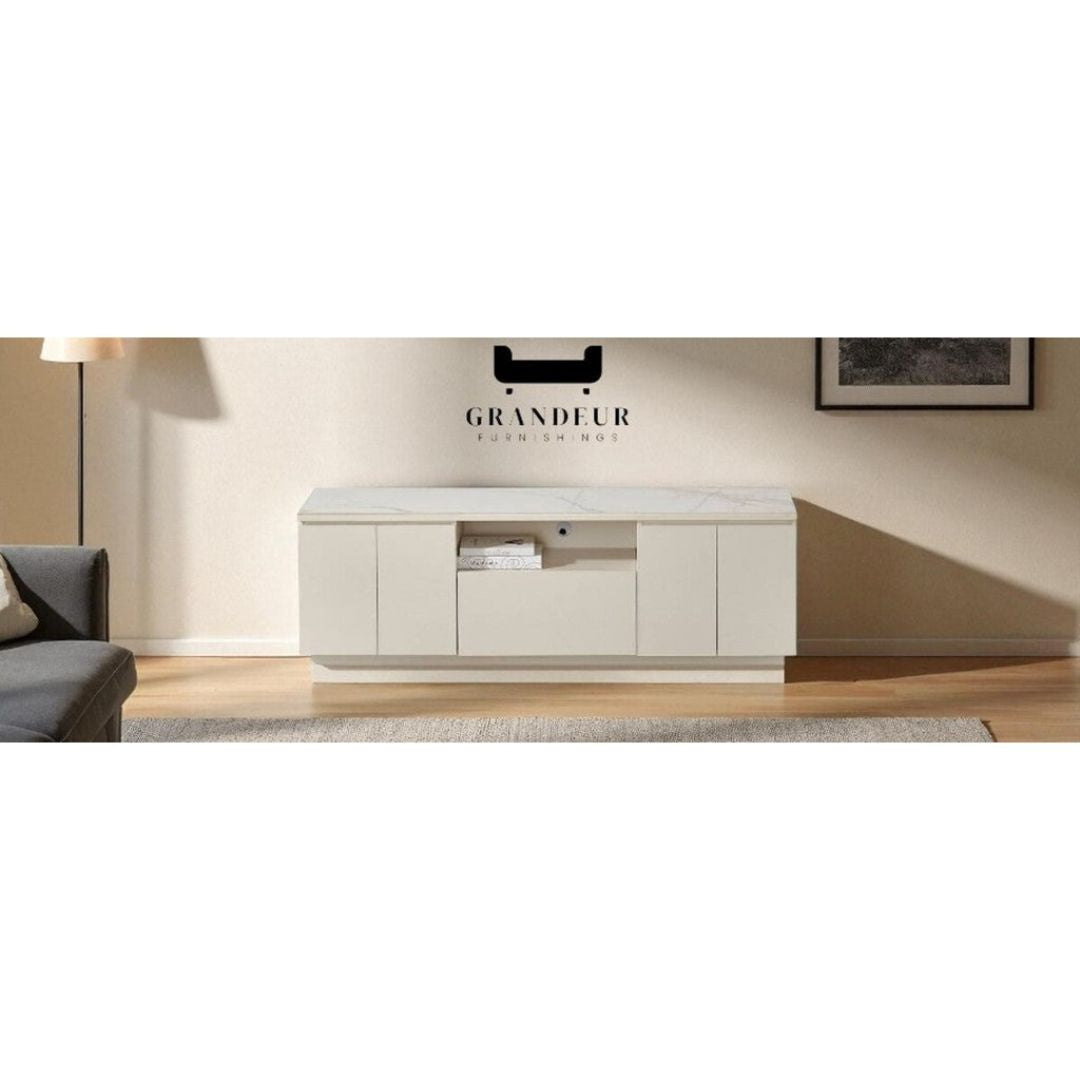 Gloss White TV Console with Sintered Stone Top – Available in 1600mm & 1800mm