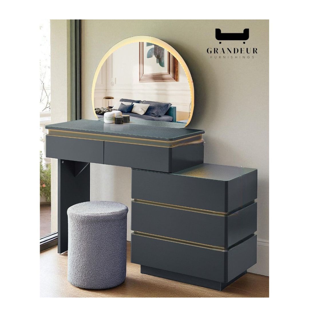 Modern LED Dressing Table with Mirror and Storage - Matte Dark Grey Finish