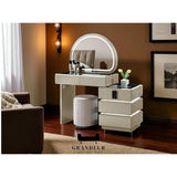 White dressing table with illuminated round mirror and right drawers