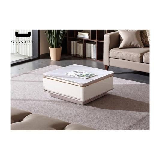 Elegant Microcrystalline Glass Coffee Table with Glossy White & Khaki Grey Finish