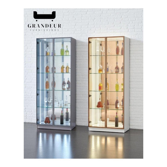 Glass Showcase Display Cabinet with LED & Mirror Back