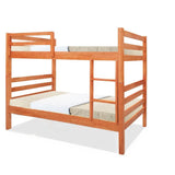 Cherry-coloured wooden bunk bed with horizontal rails and side ladder