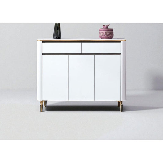 White Shoe Cabinet with Sintered Stone Top and Gold Accents