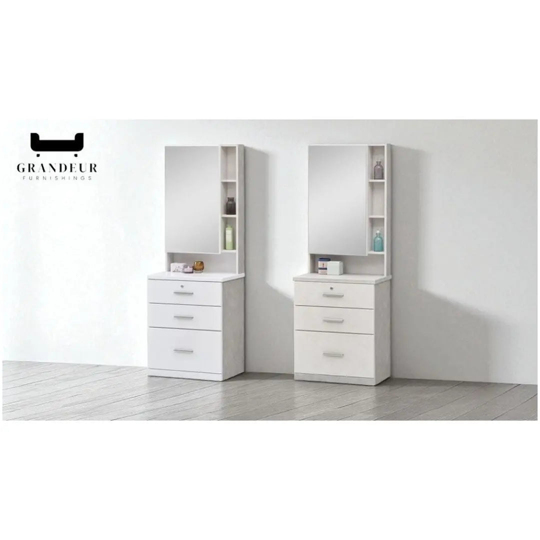 White dressing tables with tall mirrors and three drawers
