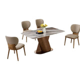 Grey stone-patterned dining table with tapered wood pedestal and beige chairs