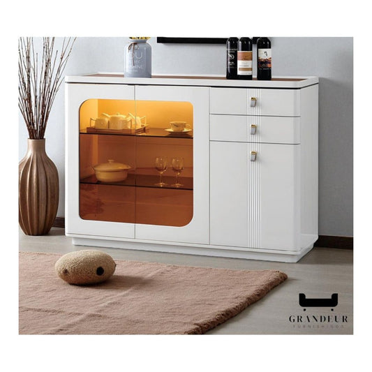 Side Cabinet with LED Lighting & Tempered Glass  Glossy White Finish Sleek Storage Solution