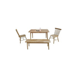 Wood dining table set with two chairs and a bench