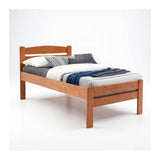 Cherry-coloured wooden bed frame with horizontal slatted headboard