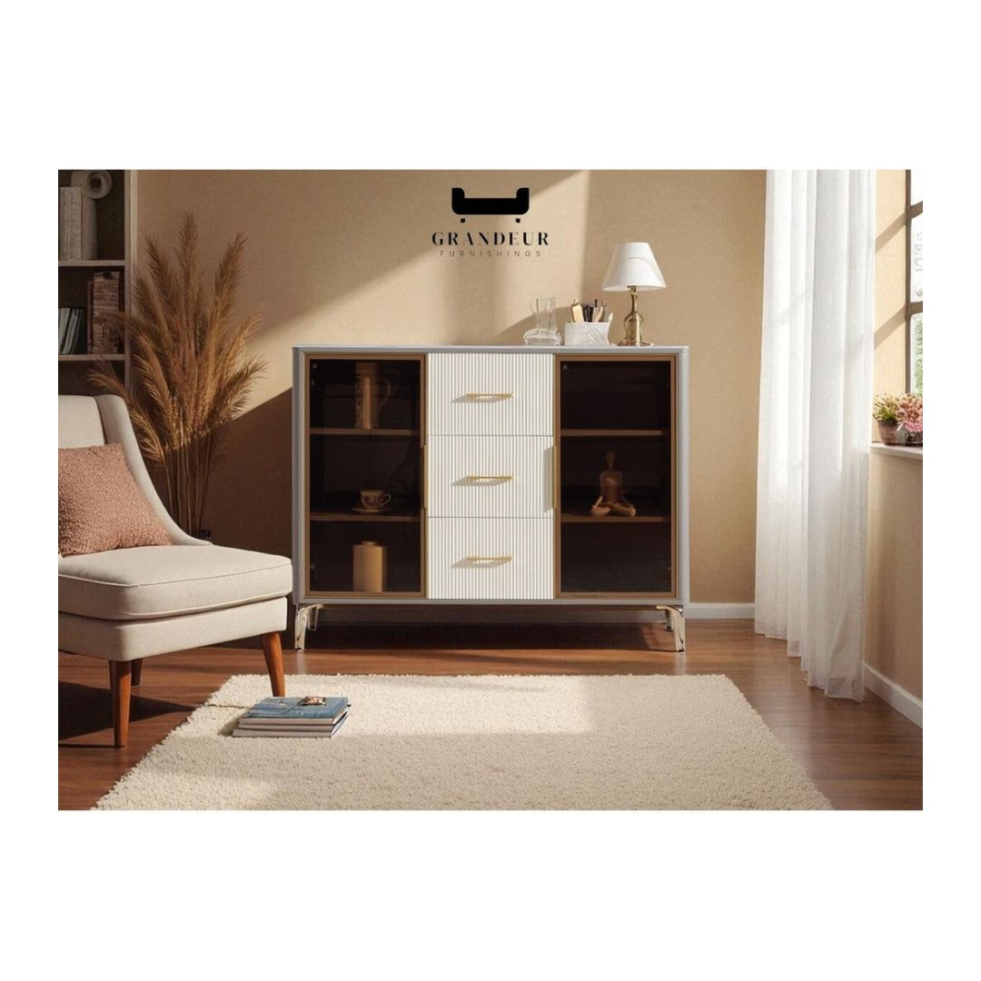 Contemporary Glass Side Cabinet with Elegant Storage Solution and Sintered Stone Top