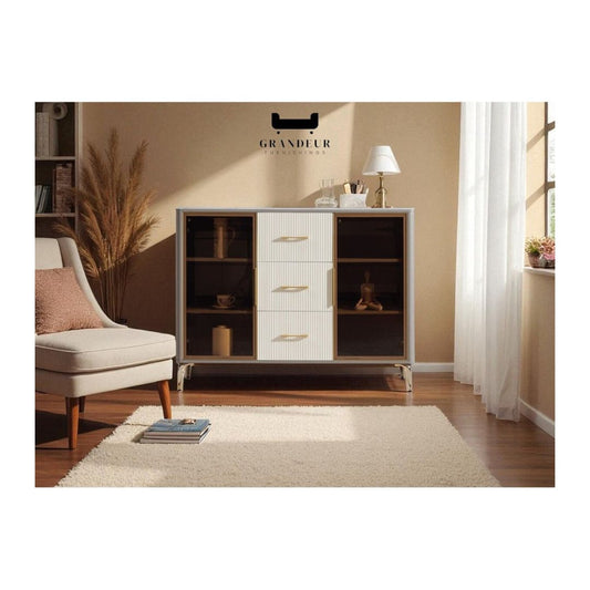 Contemporary Glass Side Cabinet with Elegant Storage Solution and Sintered Stone Top