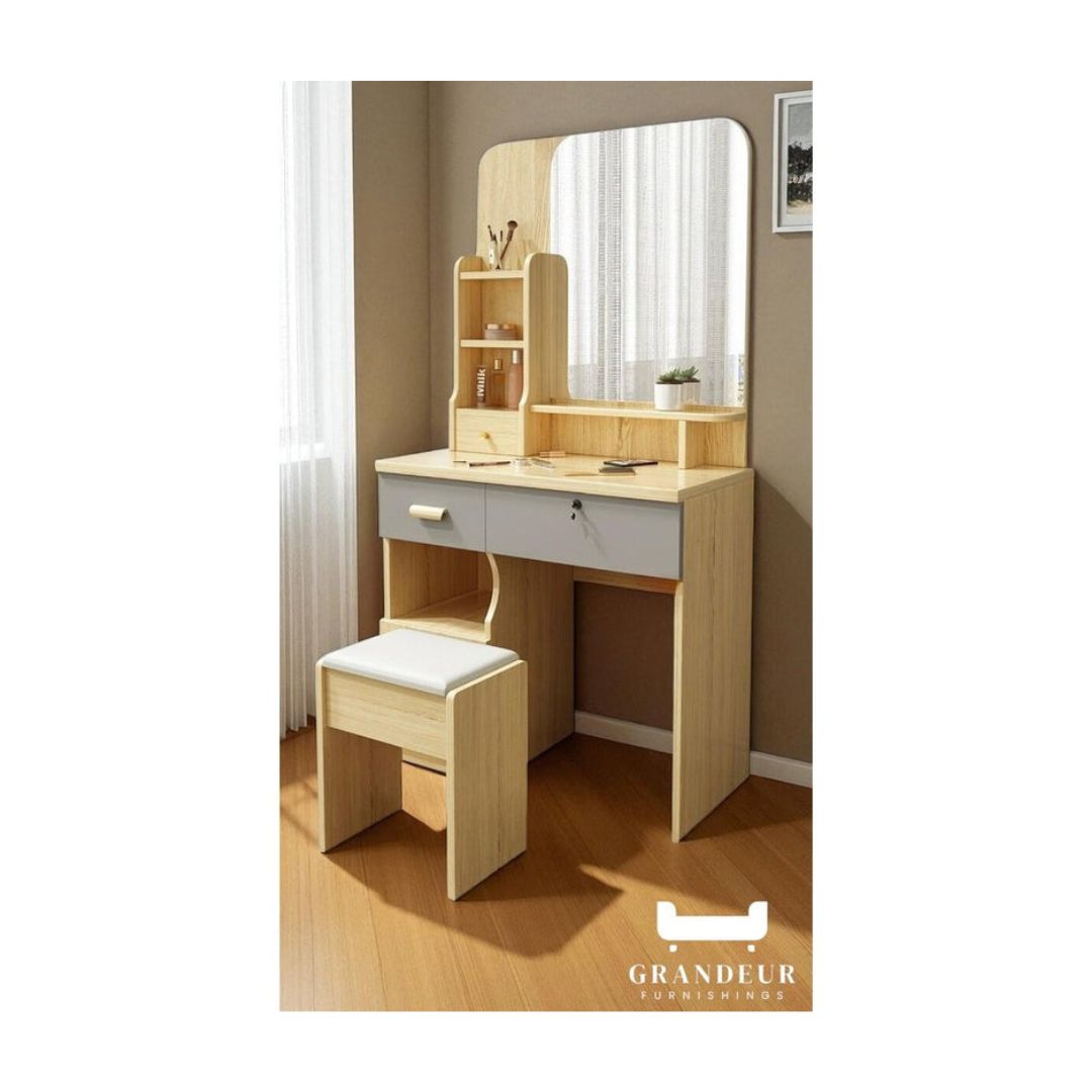 Wooden Dressing Table Set with Vanity Mirror & Make Up Storage