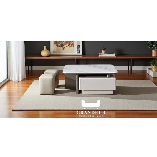 Elegant Coffee Table with Stools and Soft-Closing Drawers