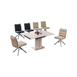 Pale pedestal dining table with black and beige swivel chairs
