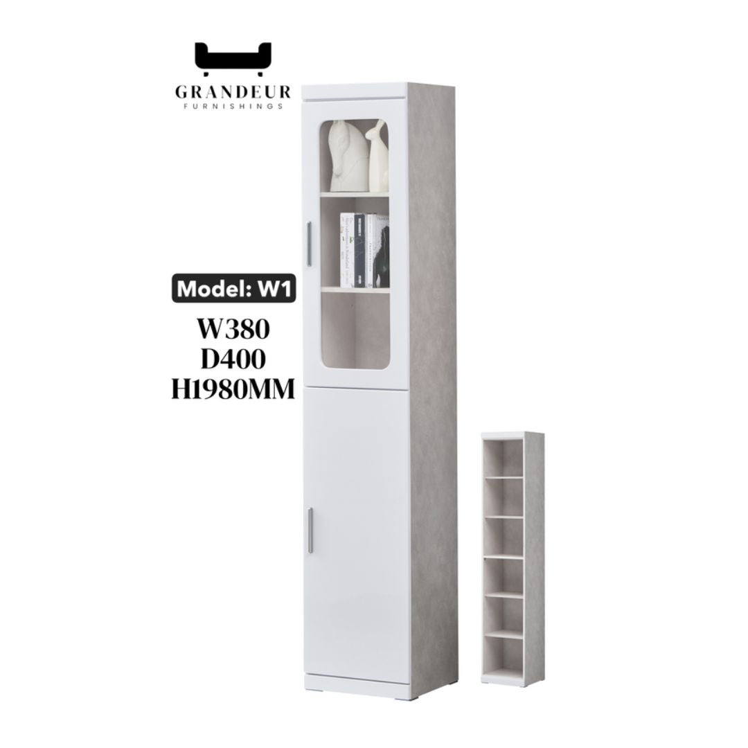 Multi-Storage Book Cabinet with Glass Doors & Drawers – White Finish