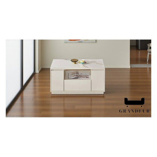 Modern Gloss Snow White Coffee Table with Off-White Storage