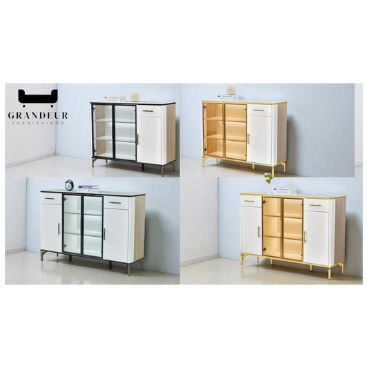 Elegant Side Cabinet with LED Lights & Sintered Stone Top – Modern Design with Glass Doors & Brass Accents