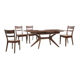 Dark wood dining table with crossed base and four slatted chairs
