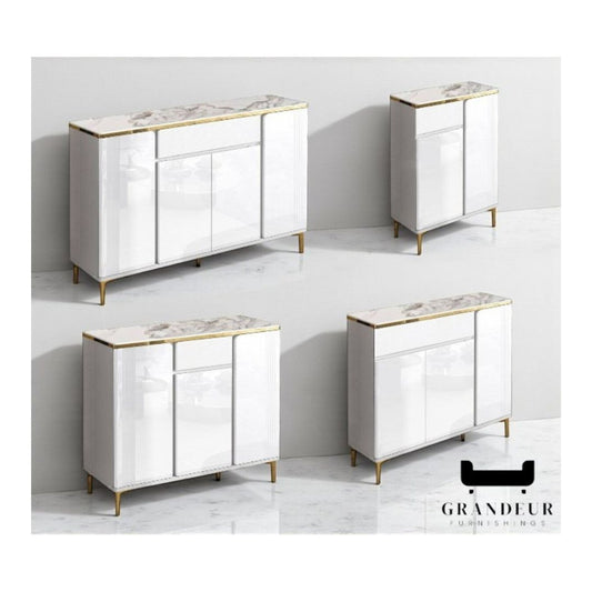Elegant Shoe Cabinet with Icy Jade Sintered Stone Top & Gold Chrome Legs – Gloss White Finish