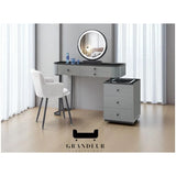 Grey dressing table with illuminated round mirror and separate drawer unit