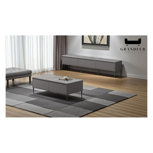 Gloss Grey TV Console & Coffee Table Set – Sleek Design with Sintered Stone Top
