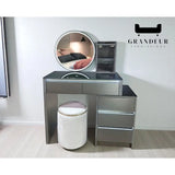 Grey dressing table with round mirror, black glass top and side storage