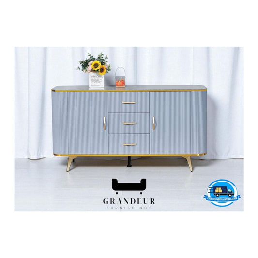Stylish Blue Ribbed Side Cabinet with Gold Accents and Tempered Glass Top