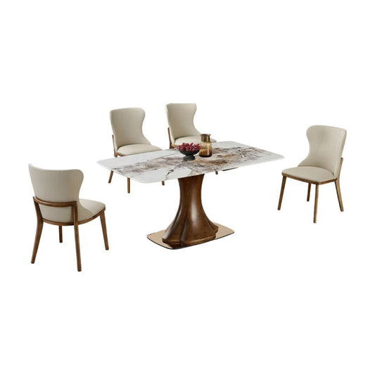Luxurious Marble Dining Table Set with Ash Wood Base & Elegant Pet Friendly Leather Chairs 1+4