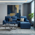 Blue Montre sofa with matching ottoman beside a coffee table
