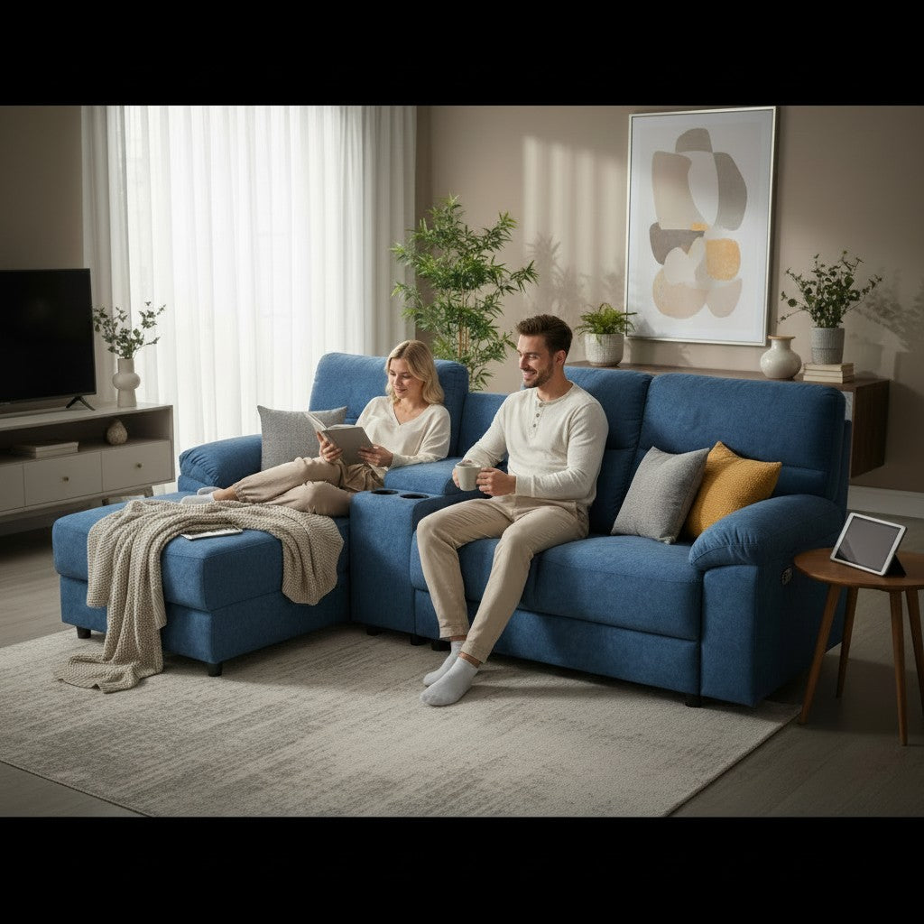 Montre Fabric L-Shape Sectional Sofa with Storage Console & Cup Holders
