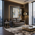 Brown Axis sofa in a softly lit living room