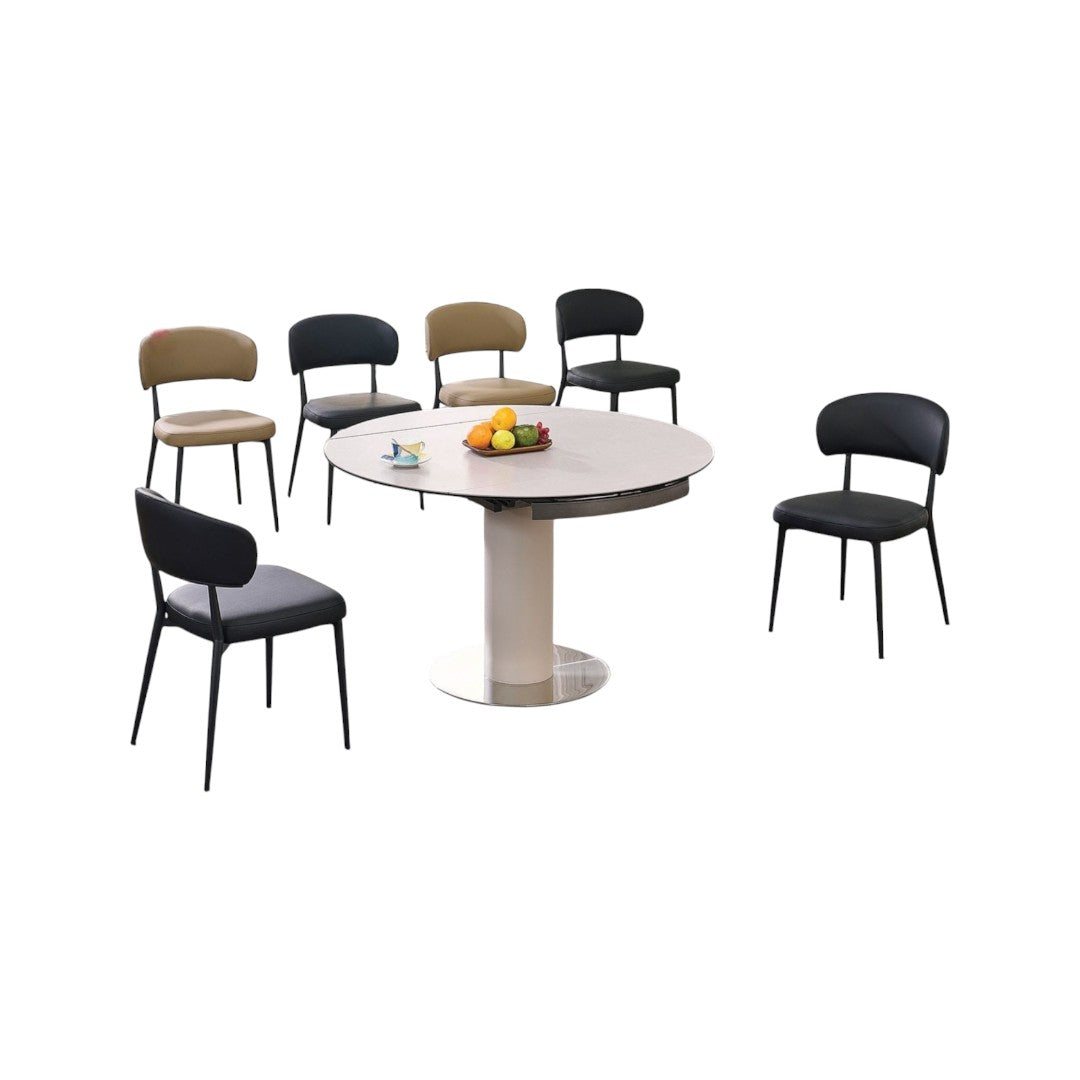 Modern Round Extendable Sintered Stone Top Dining Table Set with Sleek Chairs 1+6