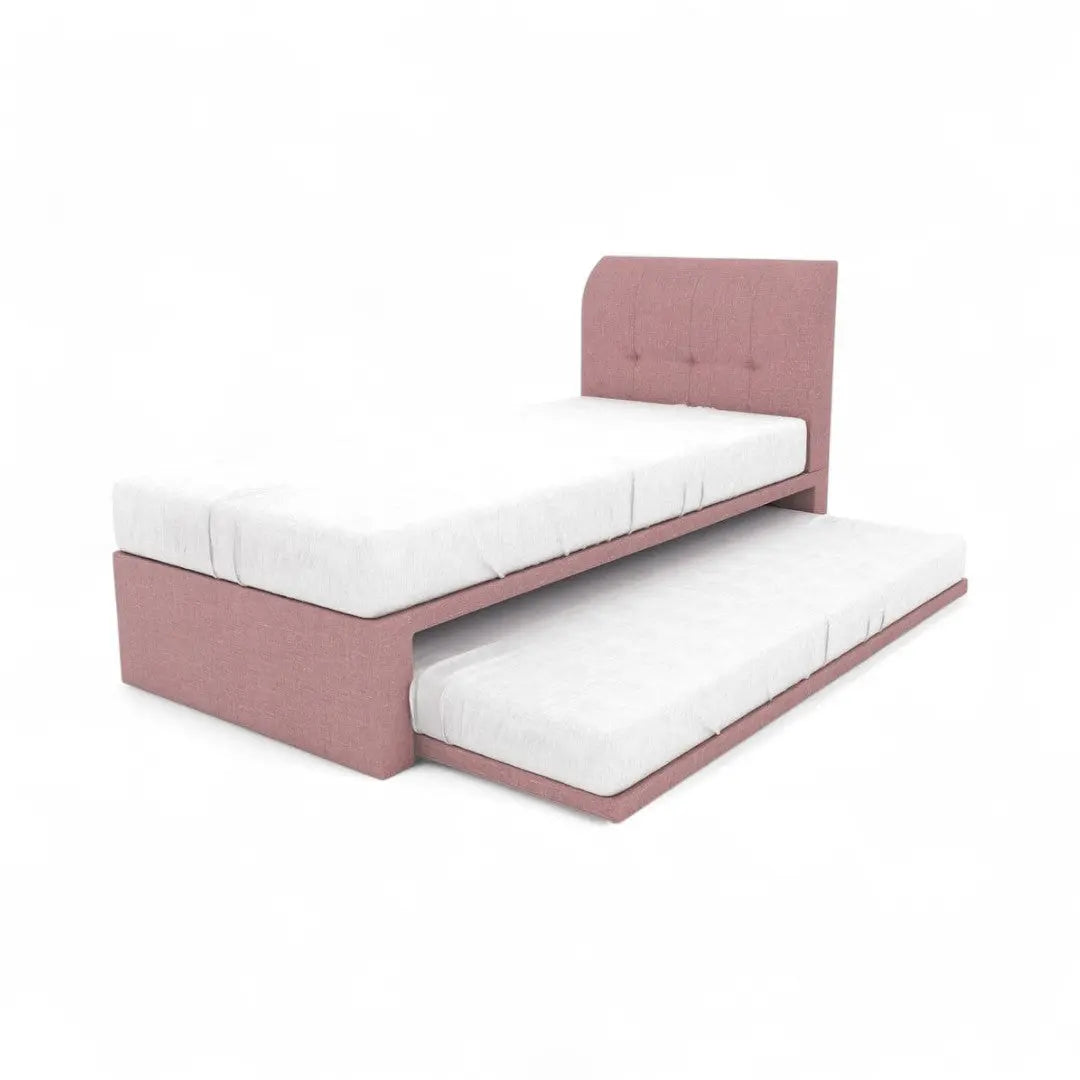 Pink Alvera upholstered bed with button-tufted headboard and pull-out trundle