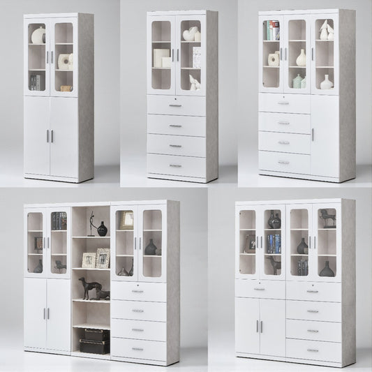Multi-Storage Book Cabinet with Glass Doors & Drawers – White Finish