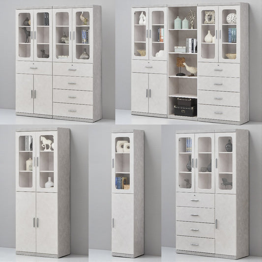 Elegant Light Grey Bookcase Display Cabinet with Glass Doors, Drawers & Shelves