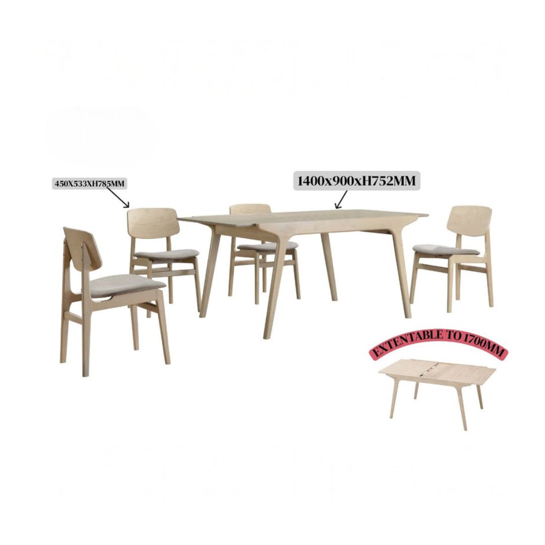 Nordic Wooden Extendable Dining Table With Solid Wood Legs 1+4 Chairs