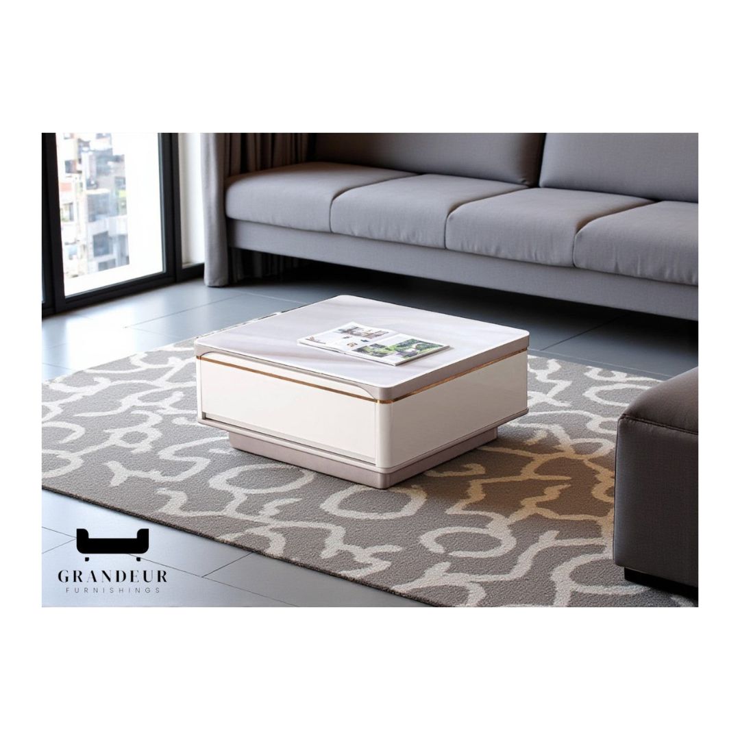 Elegant Microcrystalline Glass Coffee Table with Glossy White & Khaki Grey Finish