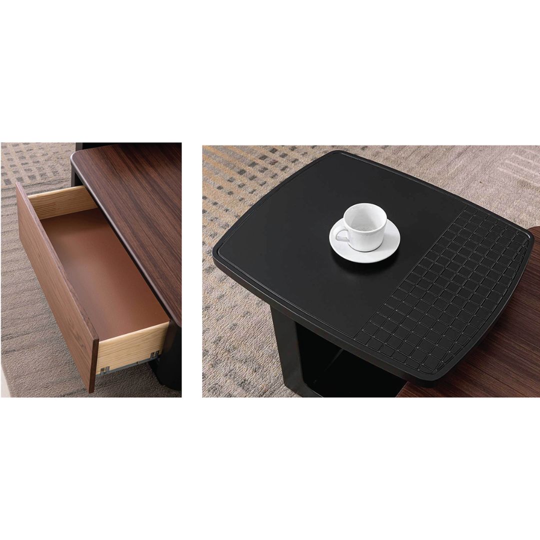 Modern Matte Brown & Black Coffee Table with Phenolic Wood Grain Glass Top