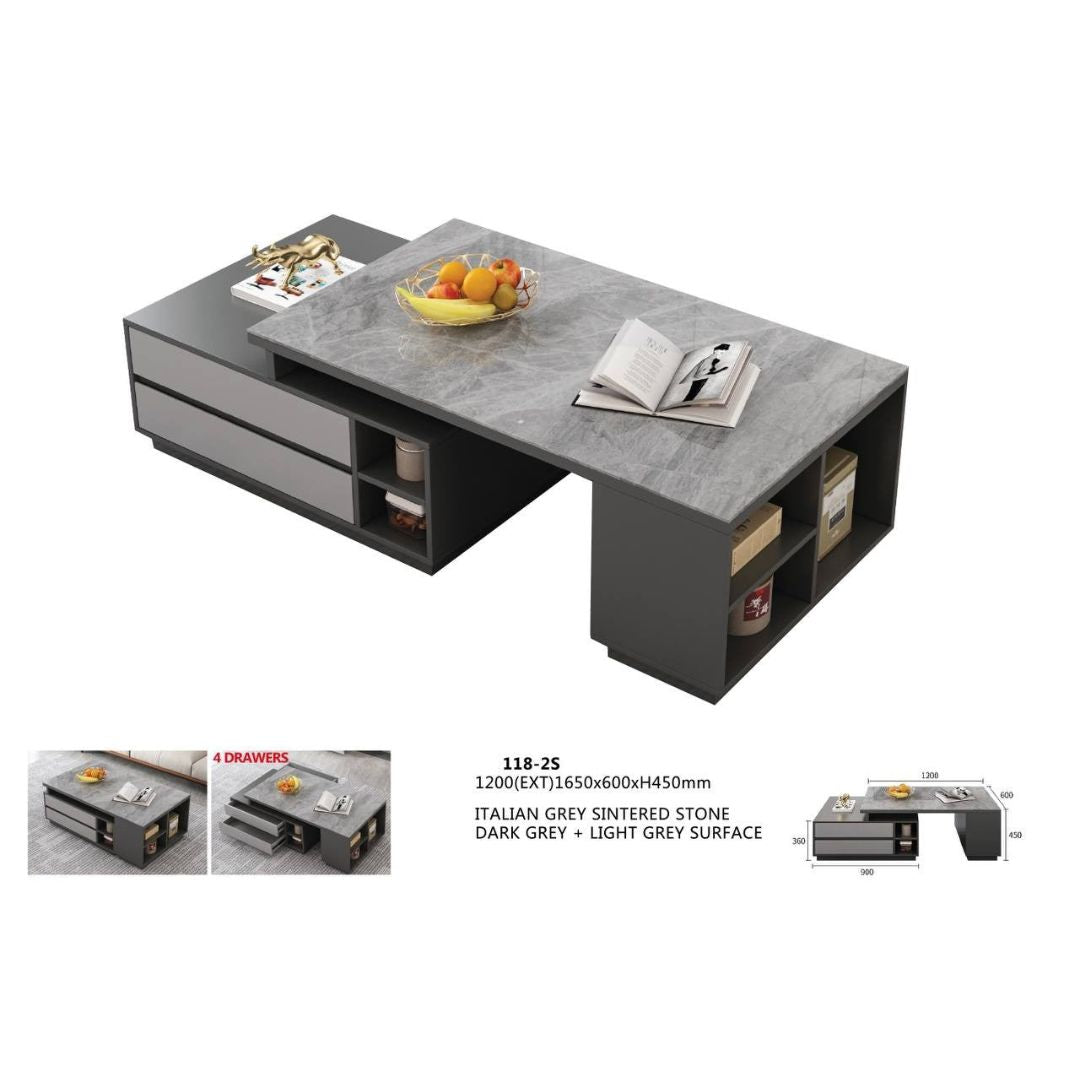 Modern Italian Grey Sintered Stone Coffee Table with 4 Drawers & Storage