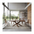 Walnut dining table set with crossed base in a dining room