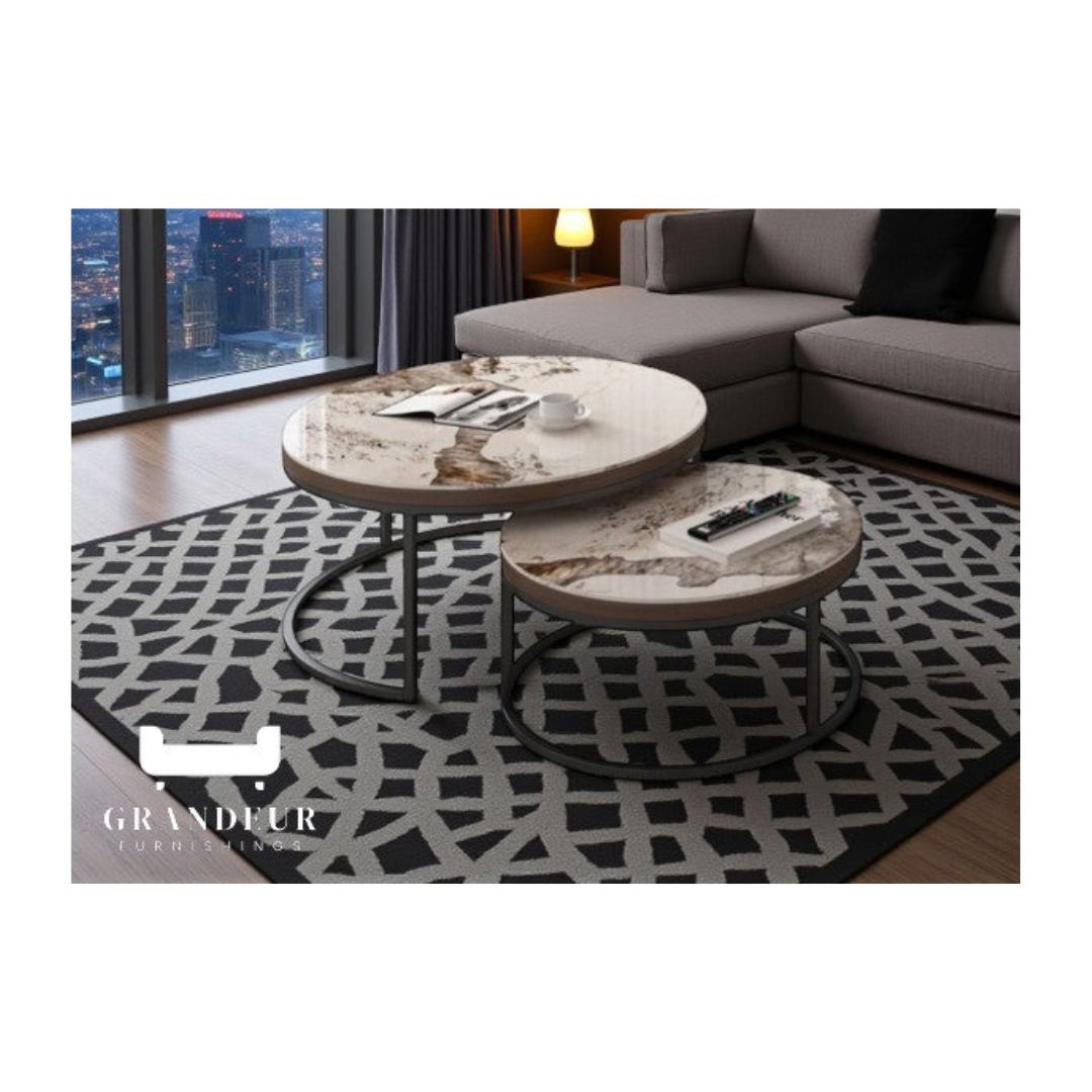 Elegant Round Nesting Coffee Table with Gloss Sintered Stone Top