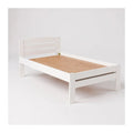 White wooden bed frame with horizontal slatted headboard and bare base