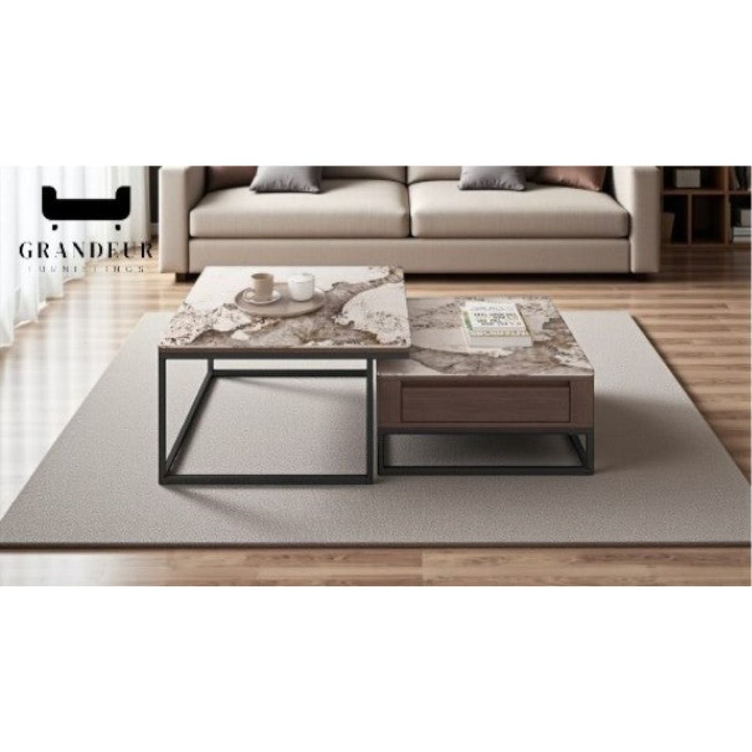 Square Coffee Table Set with Storage Drawers & Gloss Sintered Stone Top