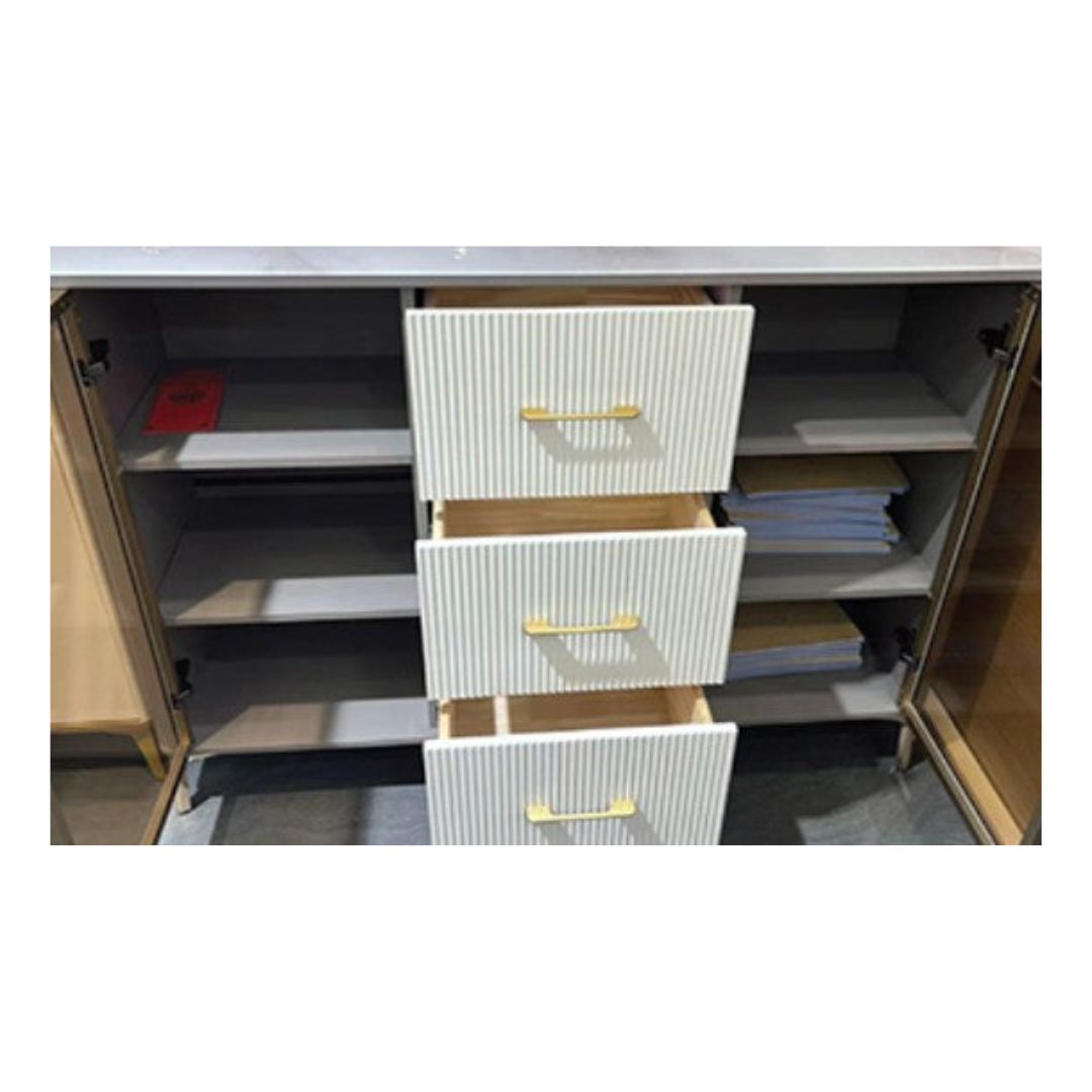 Contemporary Glass Side Cabinet with Elegant Storage Solution and Sintered Stone Top
