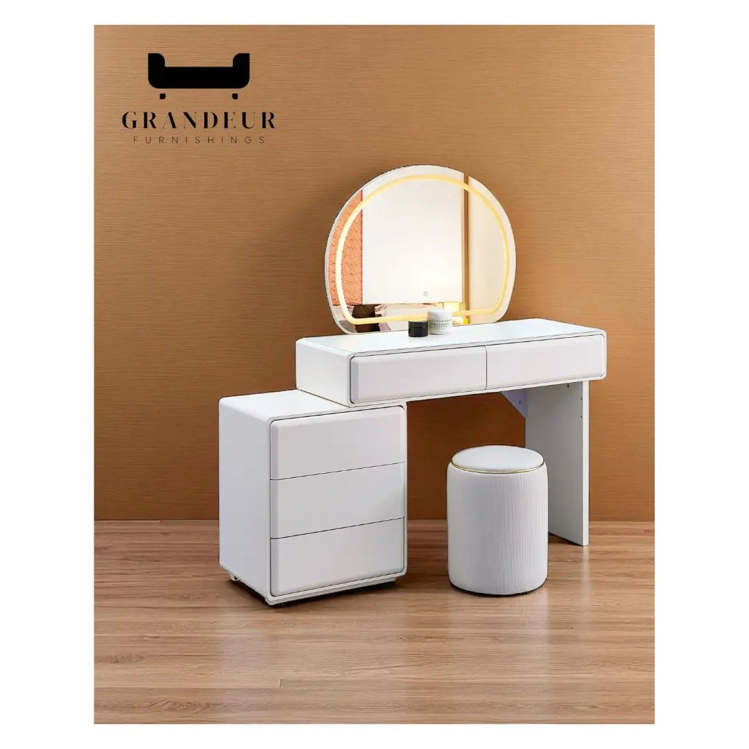 White dressing table with round illuminated mirror and matching stool